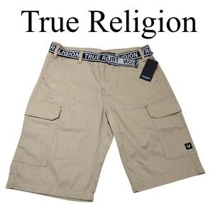 True Religion Travertine Belted Logo Cargo Shorts Size 34 NWT Khaki